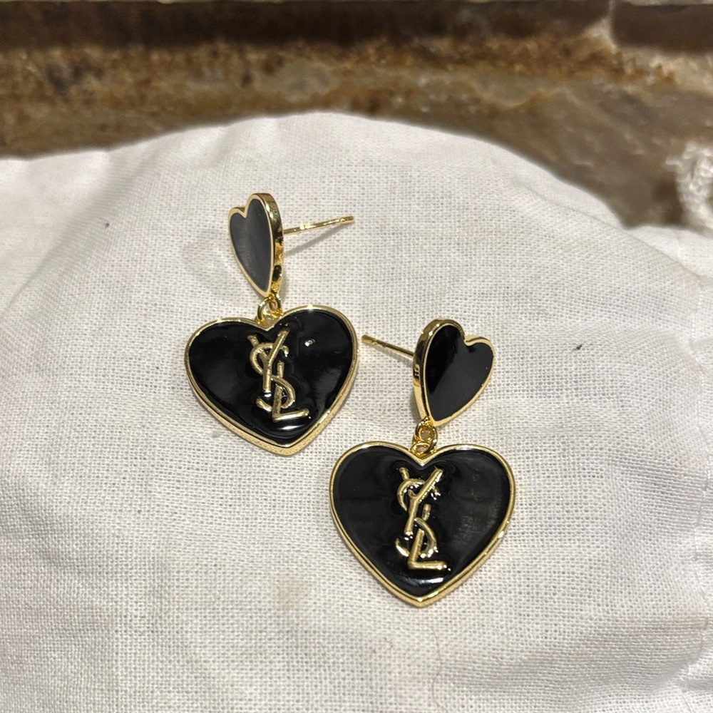 STUNNING Black and Gold YSL Heart Drop Earrings